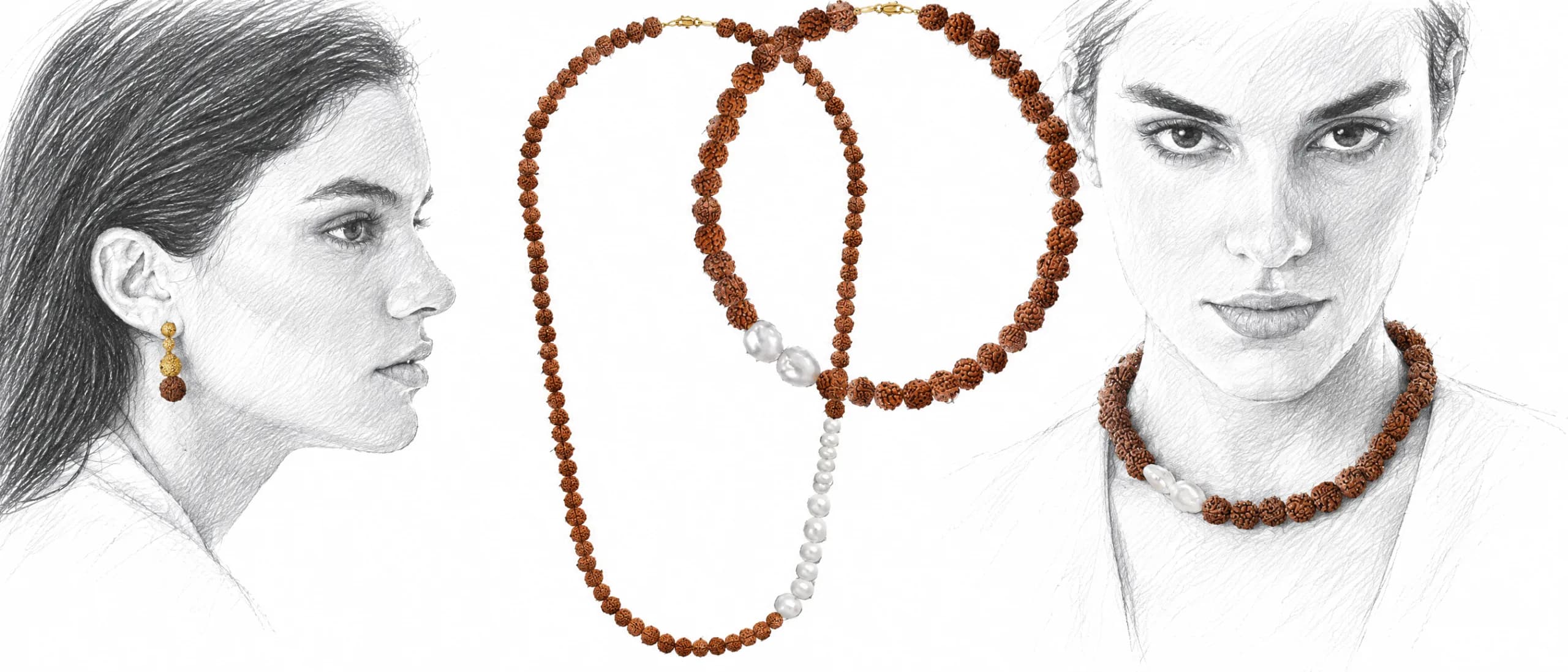 Rudraksha, em desenho: o traço a grafite e a joia em cor