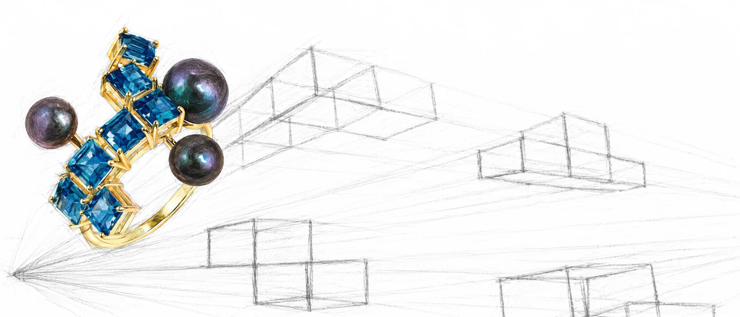 Tetris, em desenho: o traço a grafite e a joia em cor