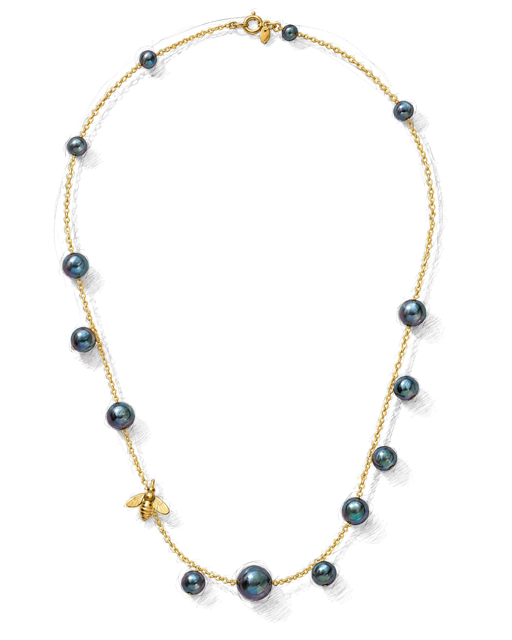 Desenho da Choker Bee Perolas Negras em Ouro Amarelo
