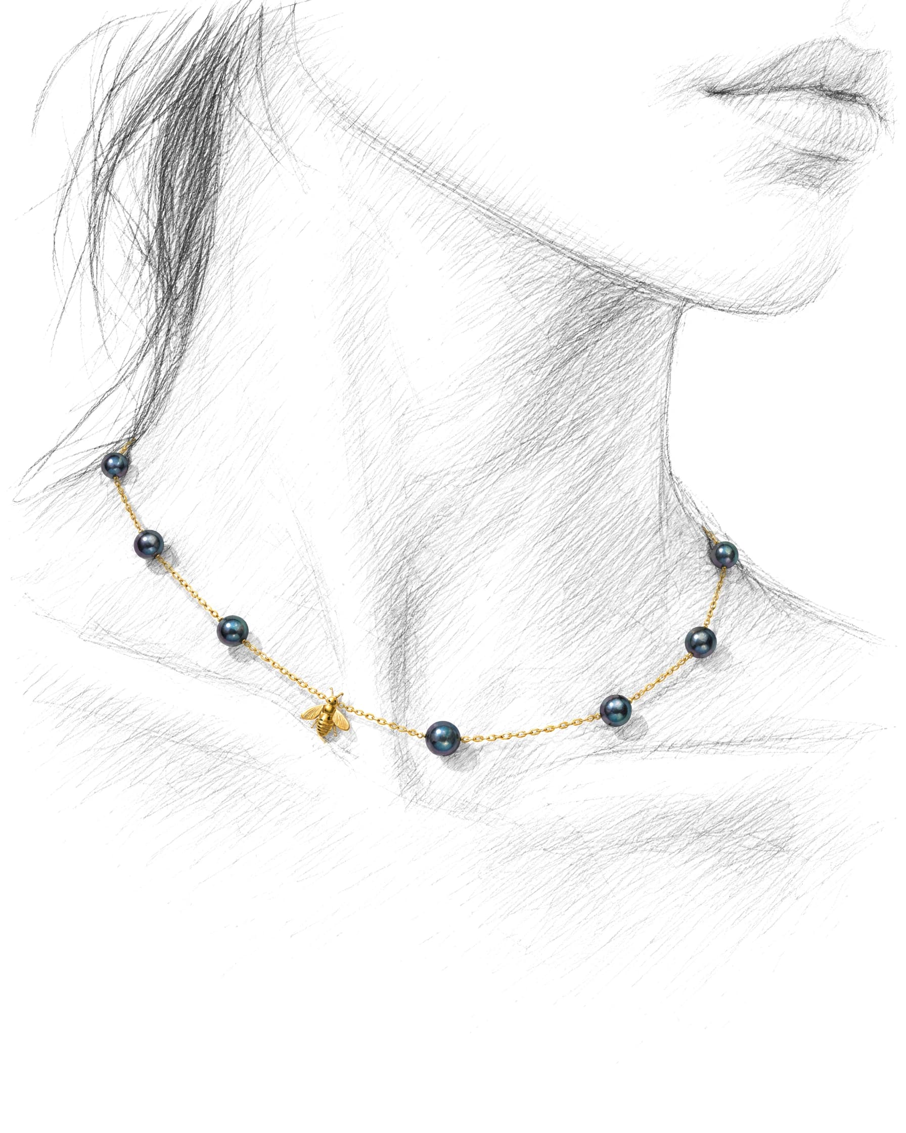 Estudo da Choker Bee Perolas Negras em Ouro Amarelo no corpo