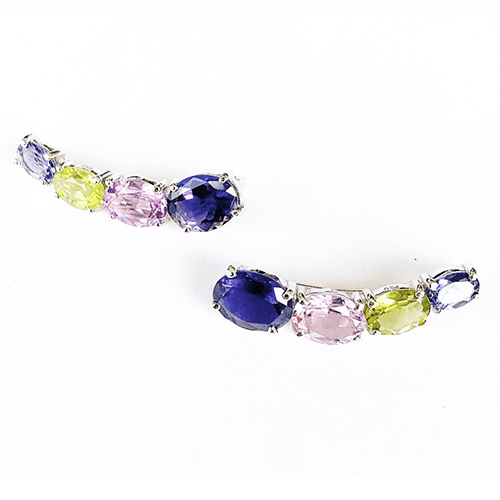 Ear Cuff Rainbow Ouro Branco - Iolita, Ametista, Peridoto, e Iolita