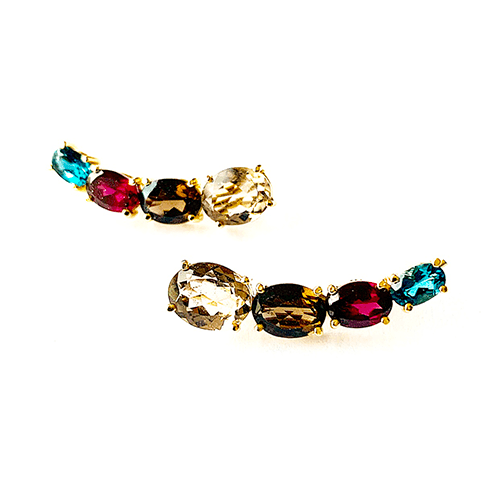 Ear Cuff Rainbow Ouro Amarelo - Quartzo Fumê - Granada e Topázio London