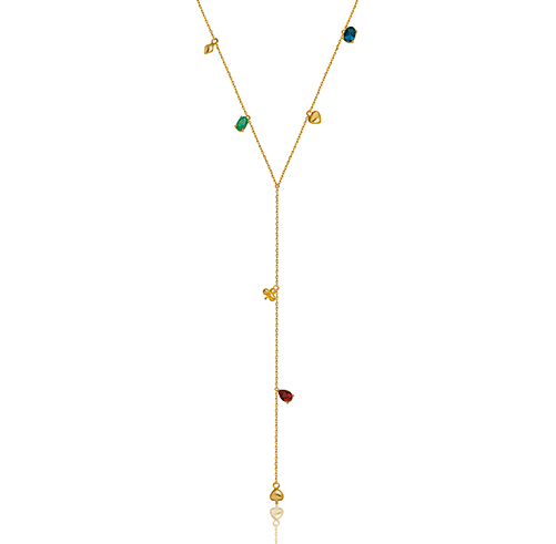 GRAVATINHA COLORS ESMERALDA, TOPÁZIO LONDON E  PINGENTES VARIADOS EM OURO AMARELO