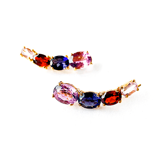 Ear Cuff Rainbow Ouro Amarelo - Ametista, Iolita, Granada e Ametista