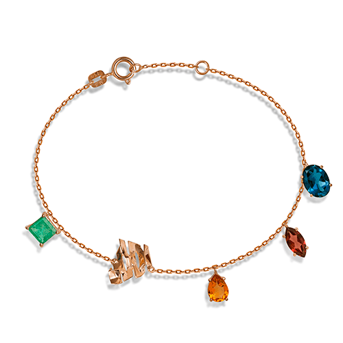PULSEIRA COLORS ESMERALDA, TOPÁZIO LONDON, GRANADA, CITRINO E FAVO DE MEL EM OURO ROSA