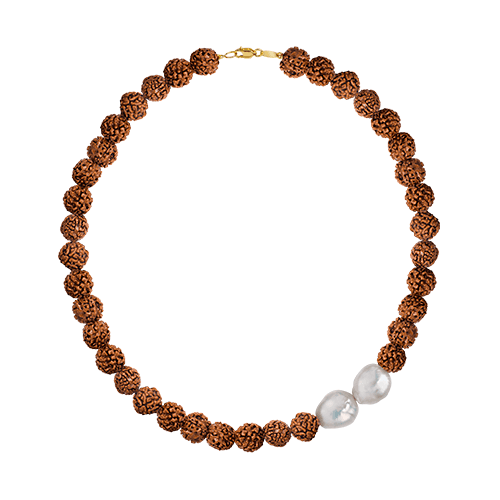 CHOKER ESCULTURAS COM RUDRAKSHA E PÉROLAS BARROCA E FECHO OURO 18K