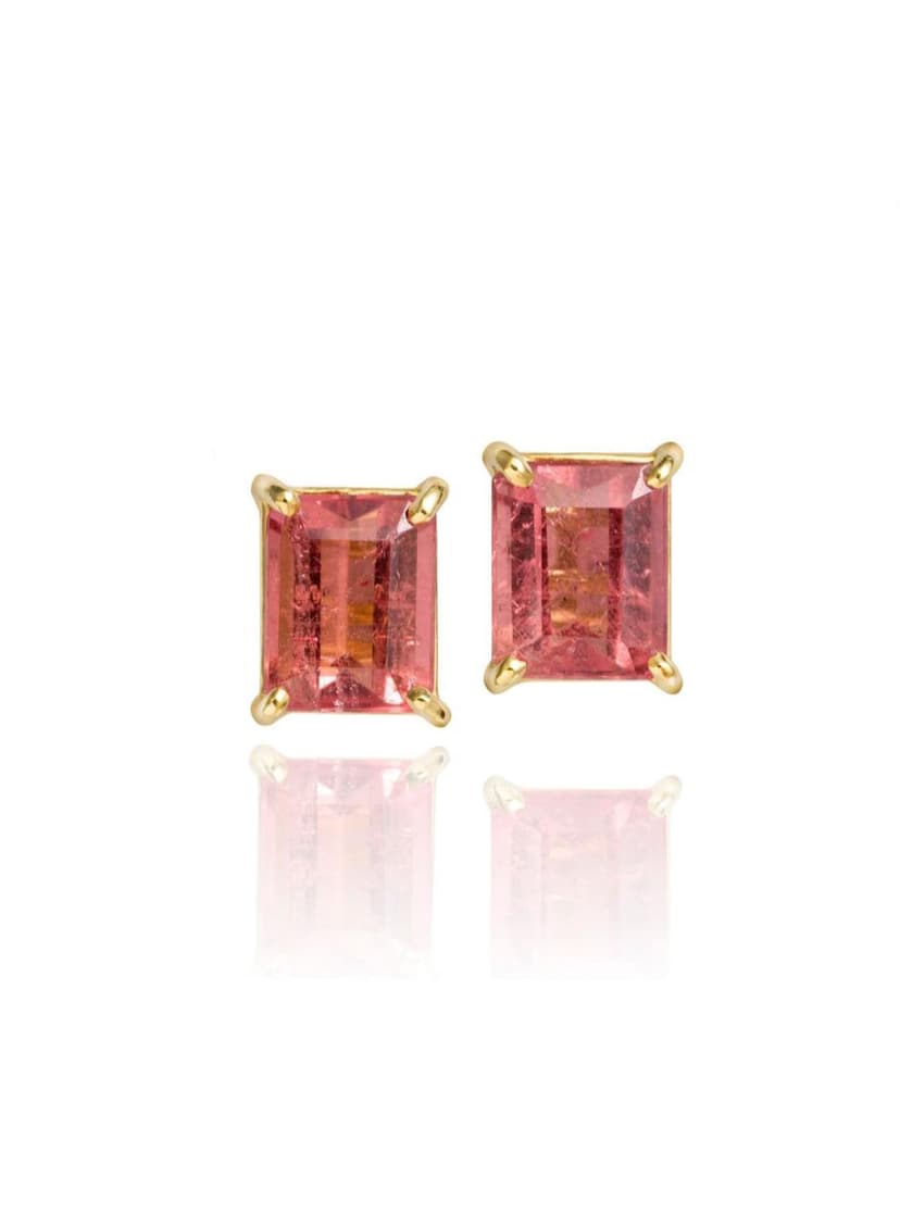 Brinco de Turmalina Rosa Retangular com Estrutura em Fio e Gancho de Aplique 9X7