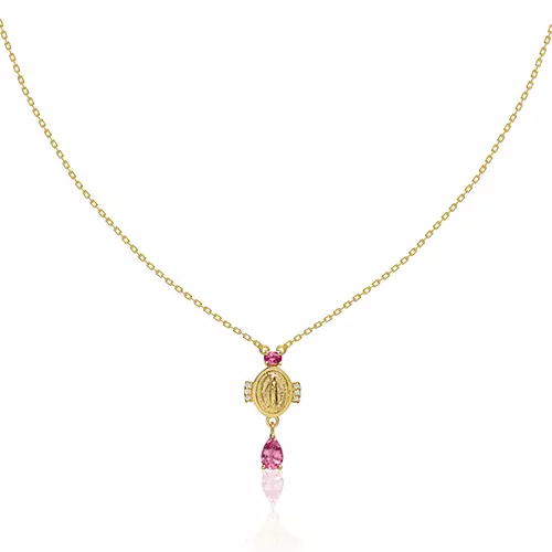 COLAR EM OURO 18K COM TURMALINA ROSA E DIAMANTES - NOSSA SENHORA DAS GRAÇAS