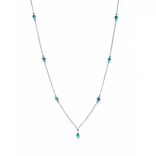 COLAR COM GOTA DE ESMERALDA 7MM E SEIS PONTO DE LUZ EM OURO BRANCO 18K ( 60 CM )