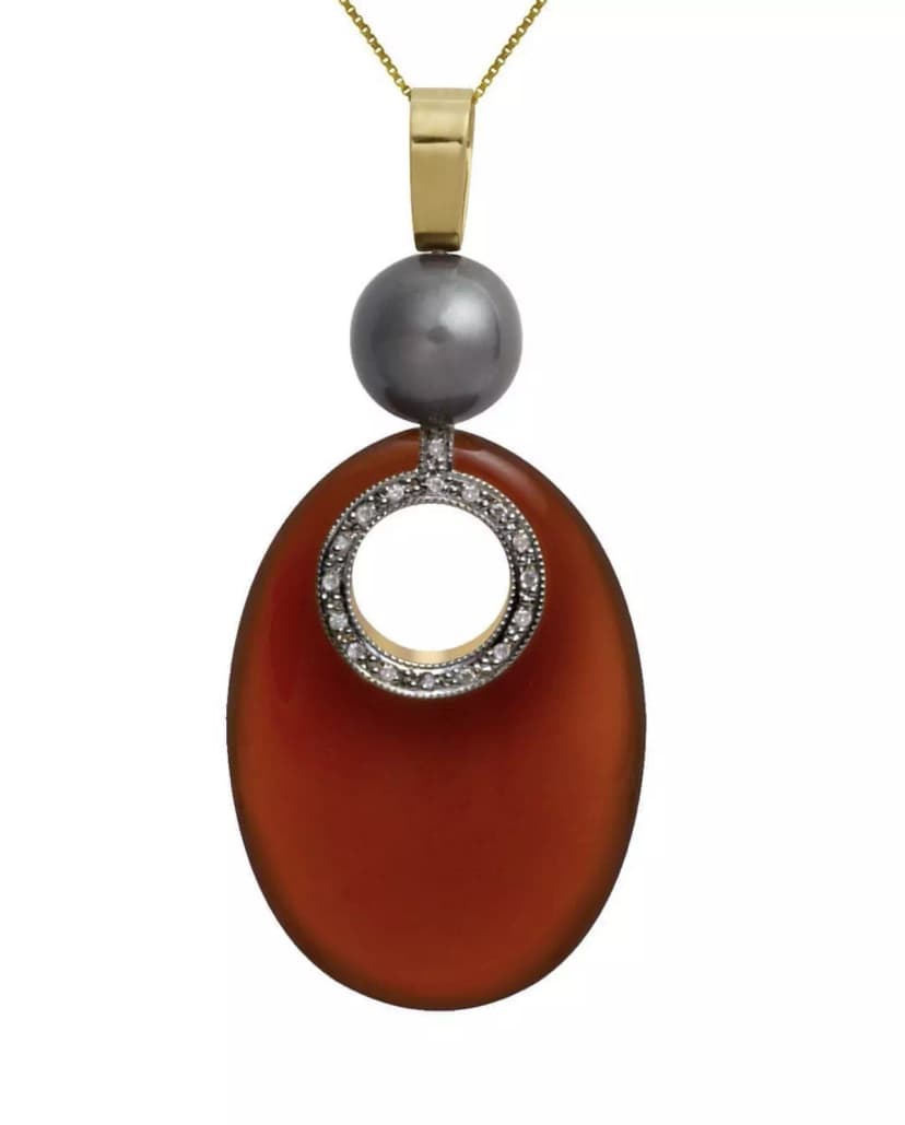 Colar Praia do Diabo em Ouro Amarelo 18K, com Diamantes, Pérolas e Ágata Vermelha
