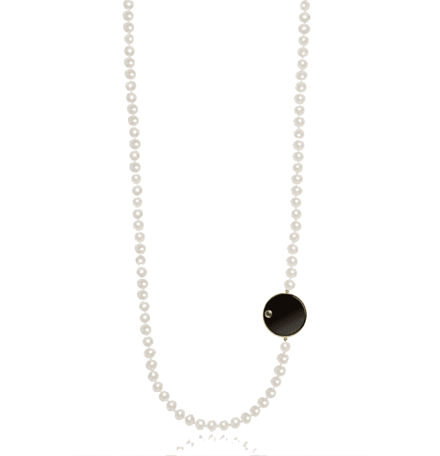 Colar de Pérolas, com Ouro Amarelo 18K, Ônix e Esmeralda