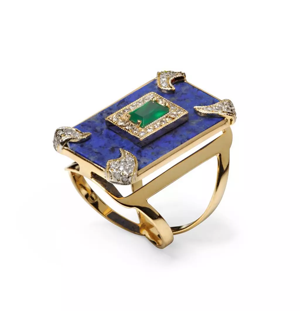 Anel Lapis Lazuli Diamantes e Esmeralda