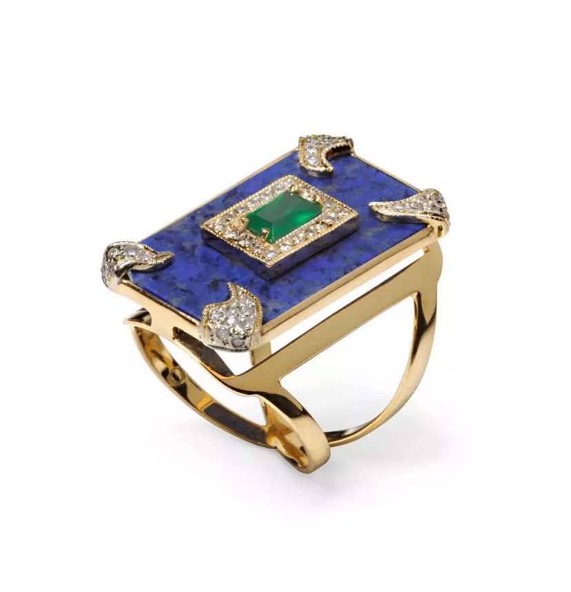 ANEL LAPIS LAZULI DIAMANTES E ESMERALDA