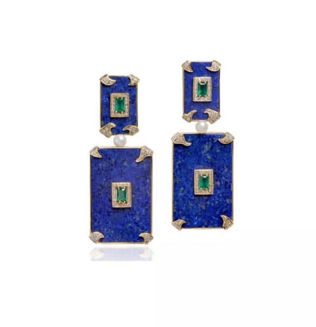 BRINCO LAPIS LAZULI DIAMANTES E ESMERALDA COM APLIQUE DE LAPIS LAZULI DIAMANTES E ESMERALDA