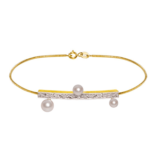 PULSEIRA GREEK MEANDER TRAVESSÃO EM OURO AMARELO 18K, COM PÉROLAS BRANCAS E DIAMANTES