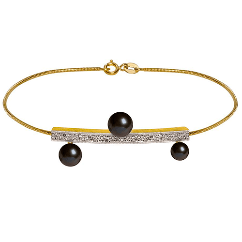 PULSEIRA GREEK MEANDER TRAVESSÃO EM OURO AMARELO 18K, COM PÉROLAS NEGRAS E DIAMANTES