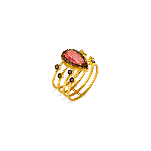 ANEL GARDEN EM OURO AMARELO DE TURMALINA ROSA E DIAMANTES NEGROS