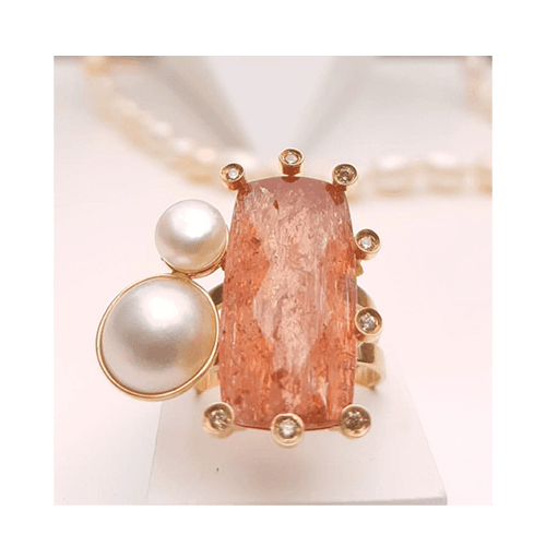 Anel Honeycomb de Topázio Imperial Grande Retangular com Pérolas em Ouro Rosa 18K