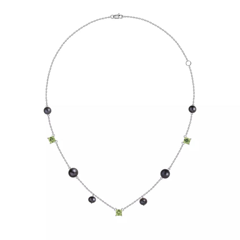 COLAR TETRIS DE PERIDOTO E PéROLAS NEGRAS - OURO BRANCO