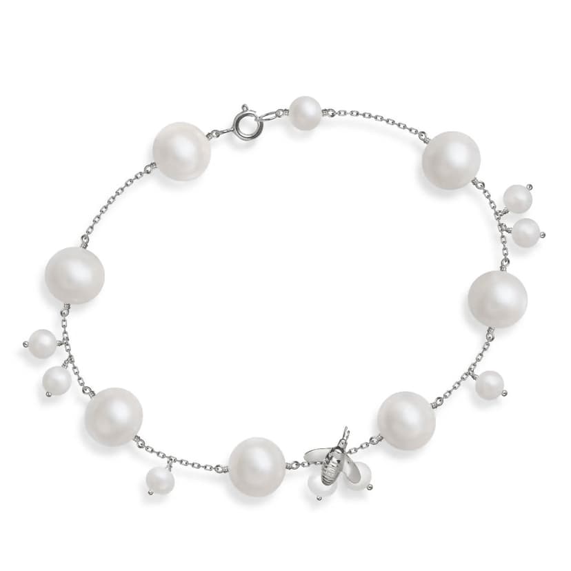 PULSEIRA BEE EM OURO BRANCO 18K, COM PÉROLAS BRANCAS.