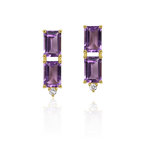 BRINCO VITRAUX COM AMETISTA CLARA E DIAMANTE OURO AMARELO