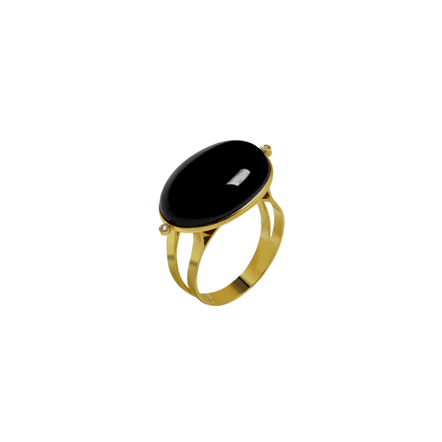 ANEL EM OURO AMARELO 18K, COM ÔNIX E DIAMANTES.