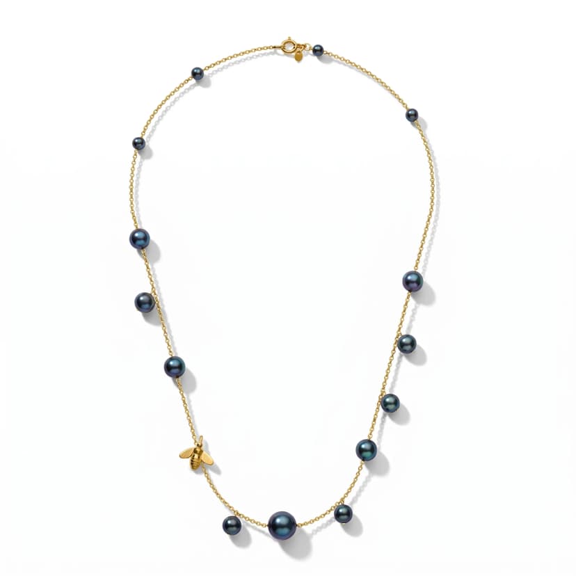 Choker Bee Perolas Negras em Ouro Amarelo