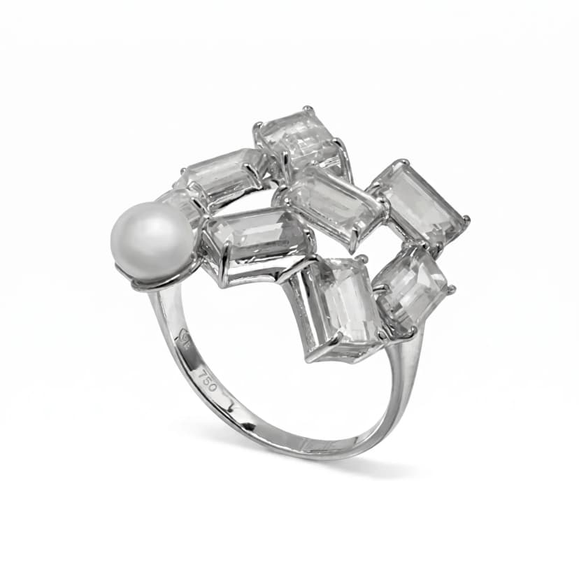 Anel Affetto de Cristal com Pérola em Ouro Branco 18K