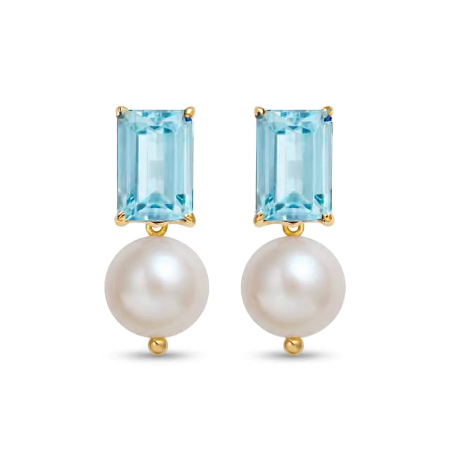 Brinco Bambina de Topázio Sky e Pérolas em Ouro Amarelo 18K