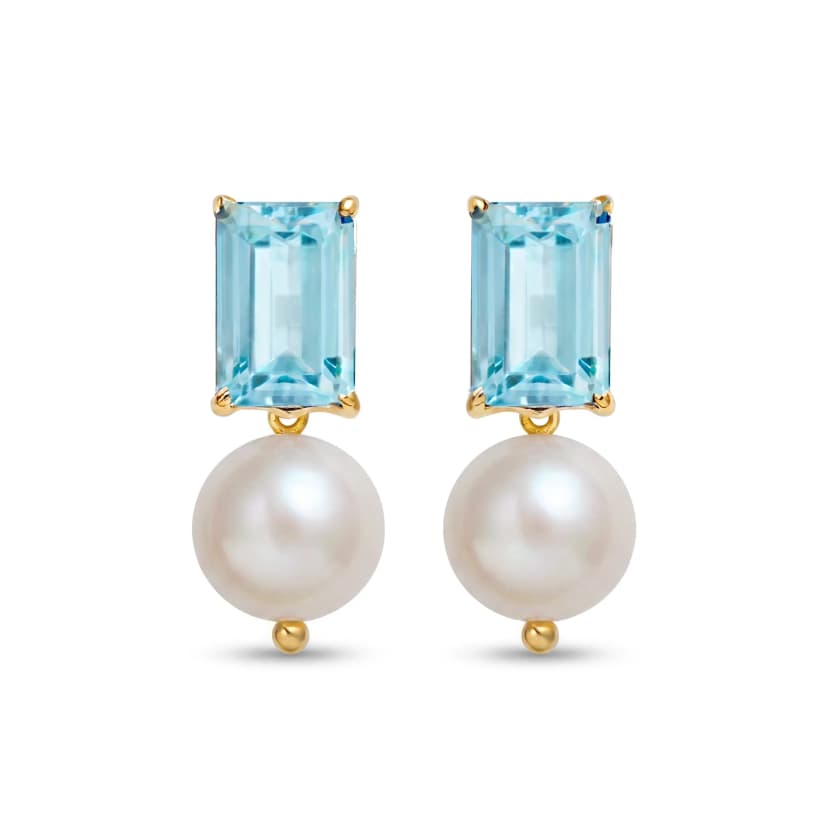 Brinco Bambina de Topázio Sky e Pérolas em Ouro Amarelo 18K