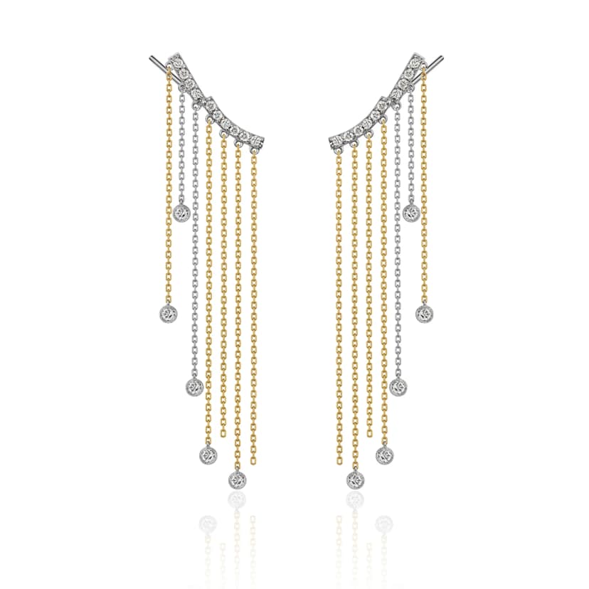 Ear Cuff Espaço - Diamantes Franjas Ouro Amarelo e Branco