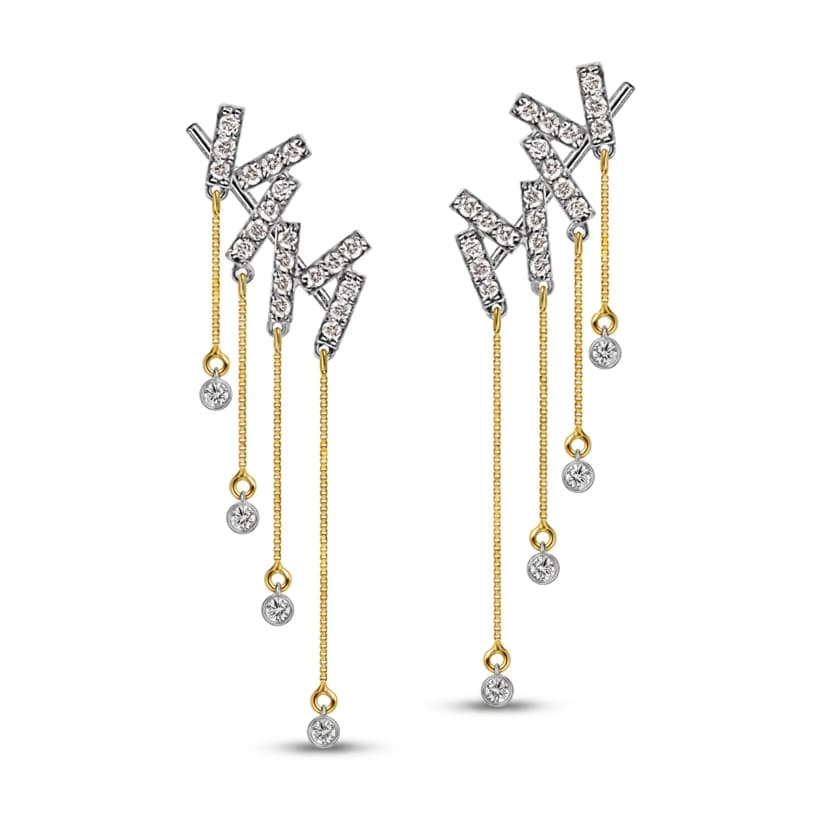Ear Cuff Tempo - Diamantes e Franjas - Ouro Branco e Amarelo