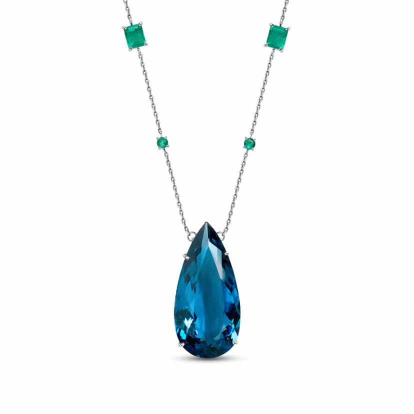 Colar de Esmeraldas Retangulares e Topázio London Ouro Branco 18K