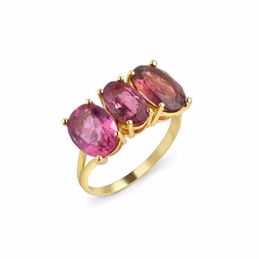 Anel 3 Gemas de Turmalina Rosa Coleção Organic