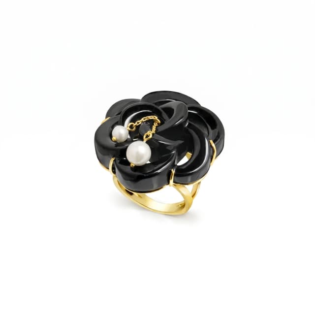 Anel Flor em Onix e Pérolas