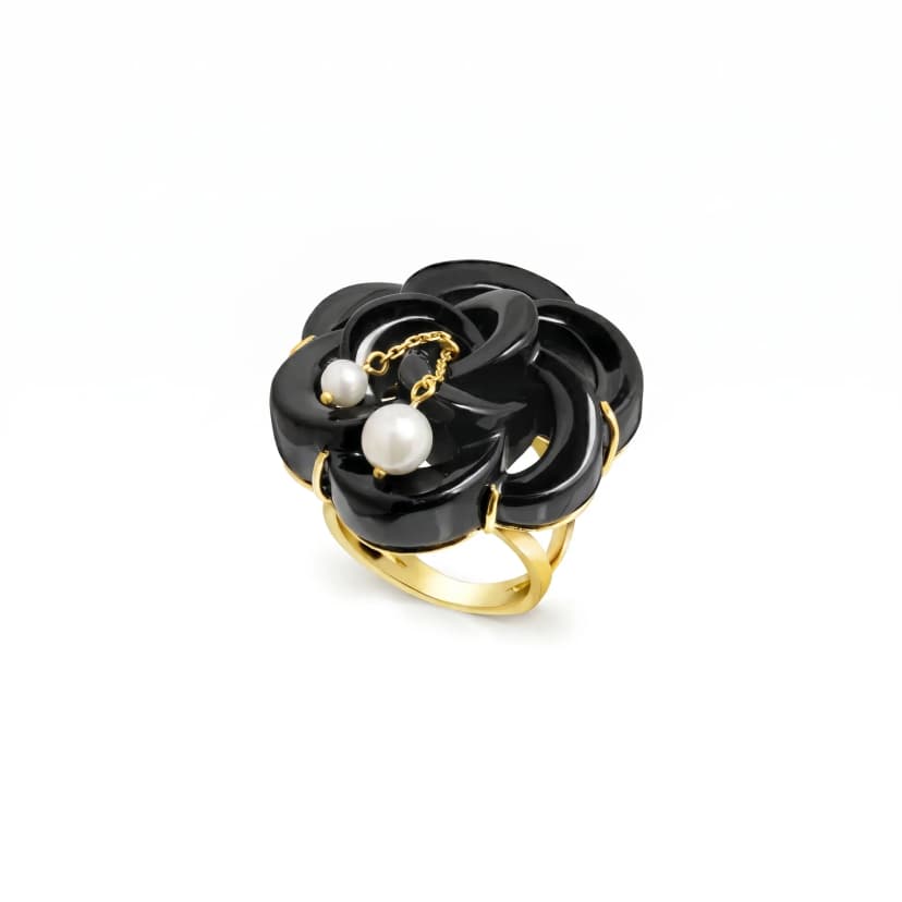 Anel Flor em Onix e Pérolas
