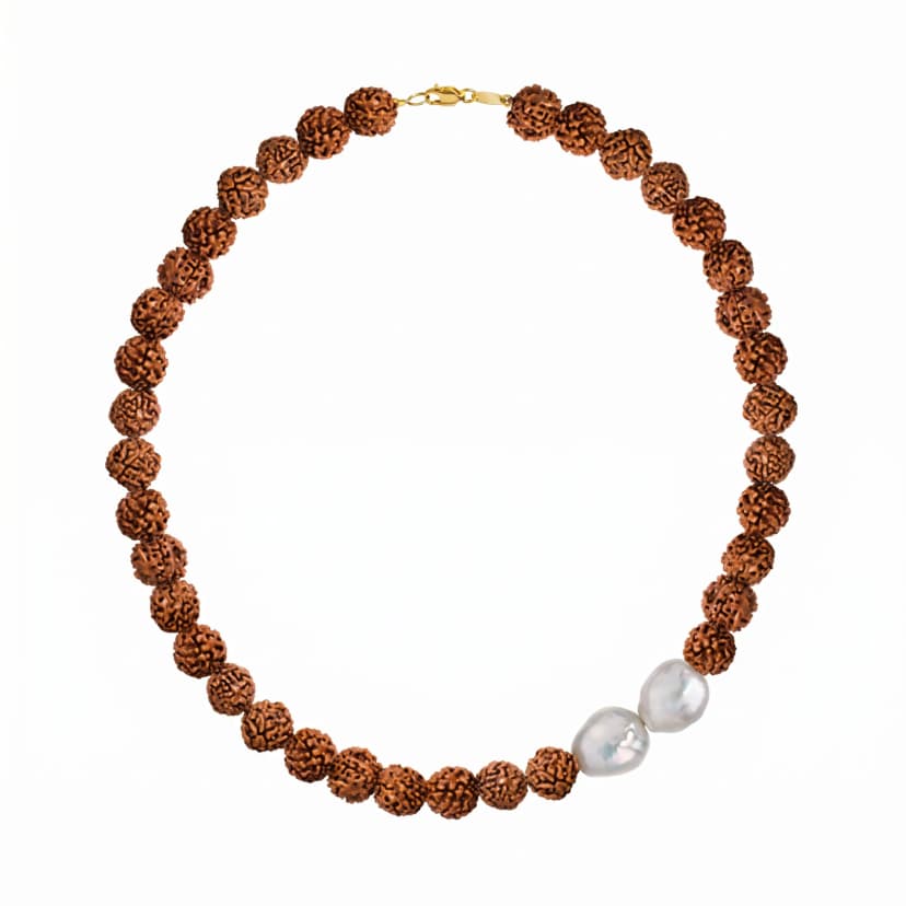 Choker Esculturas com Rudraksha e Pérolas Barroca e Fecho Ouro 18K