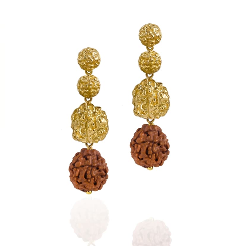 Brinco Sementes Rudraksha em Ouro Amarelo em Ouro 18K e Rudraksha Natural