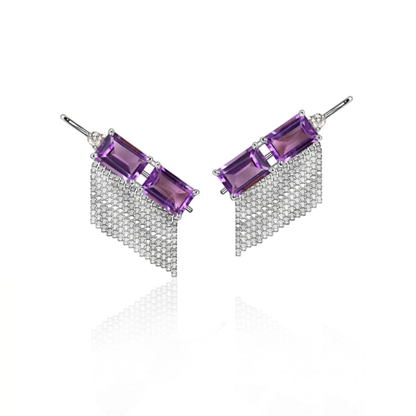 Ear Cuff Vitraux com Franjas Ametista e Diamantes Ouro Branco