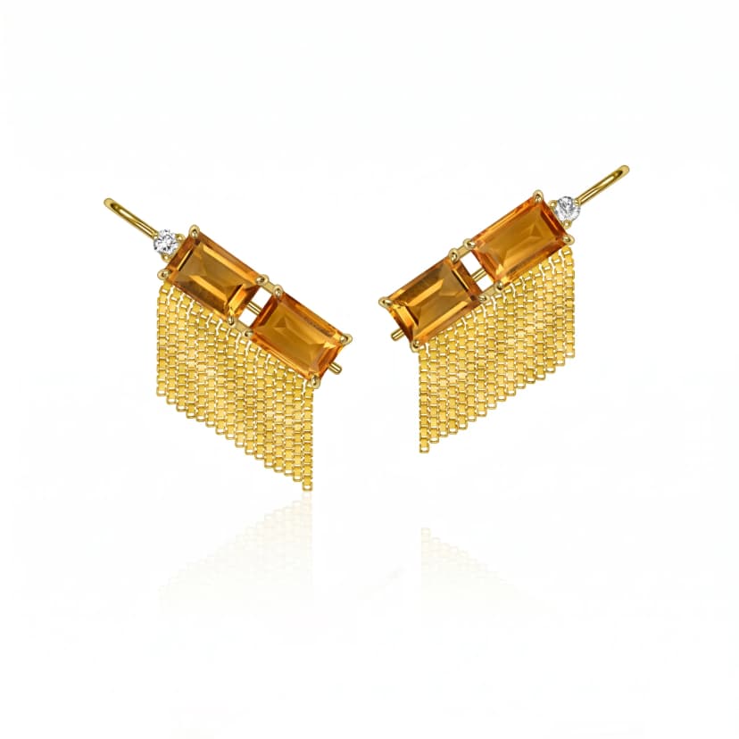 Ear Cuff Vitraux com Franjas Citrino e Diamantes Ouro Amarelo