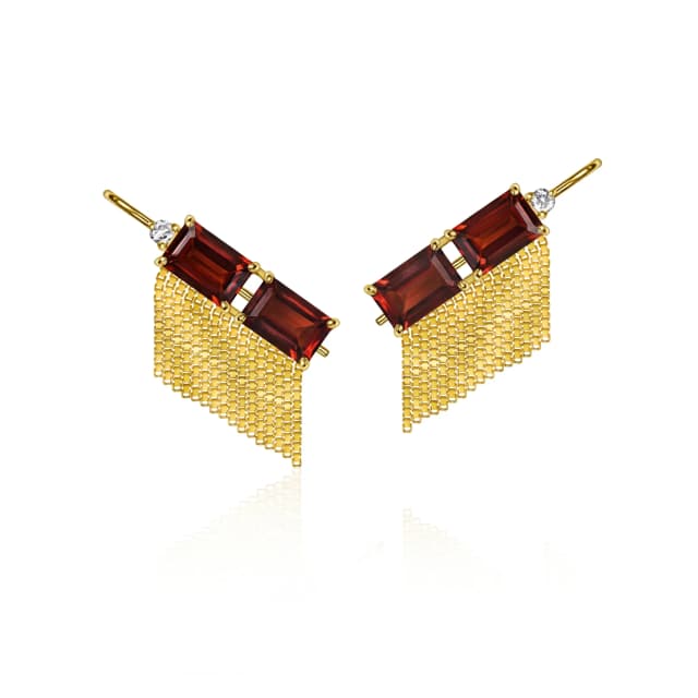 Ear Cuff Vitraux com Franjas Granada e Diamantes Ouro Amarelo