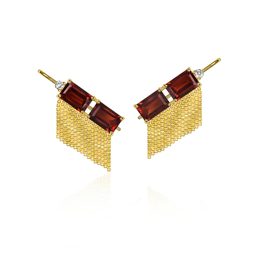 Ear Cuff Vitraux com Franjas Granada e Diamantes Ouro Amarelo