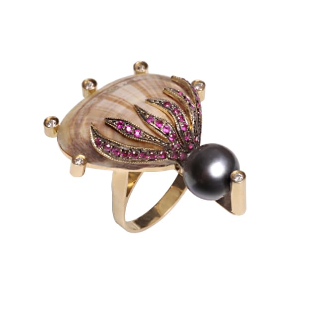 Anel Arpoador em Ouro Amarelo 18K, com Diamantes, Rubis, Pérola e Concha Natural