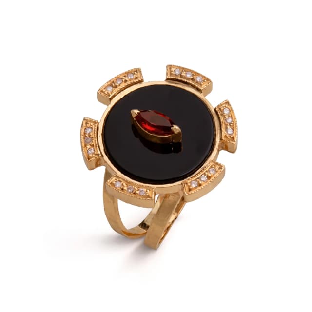 Anel Swell em Ouro Fosco 18K, com Diamantes, Onix e Granada
