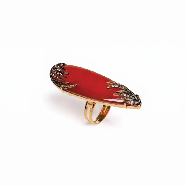 Anel Praia do Diabo em Ouro Amarelo 18K, com Diamantes e Ágata Vermelha