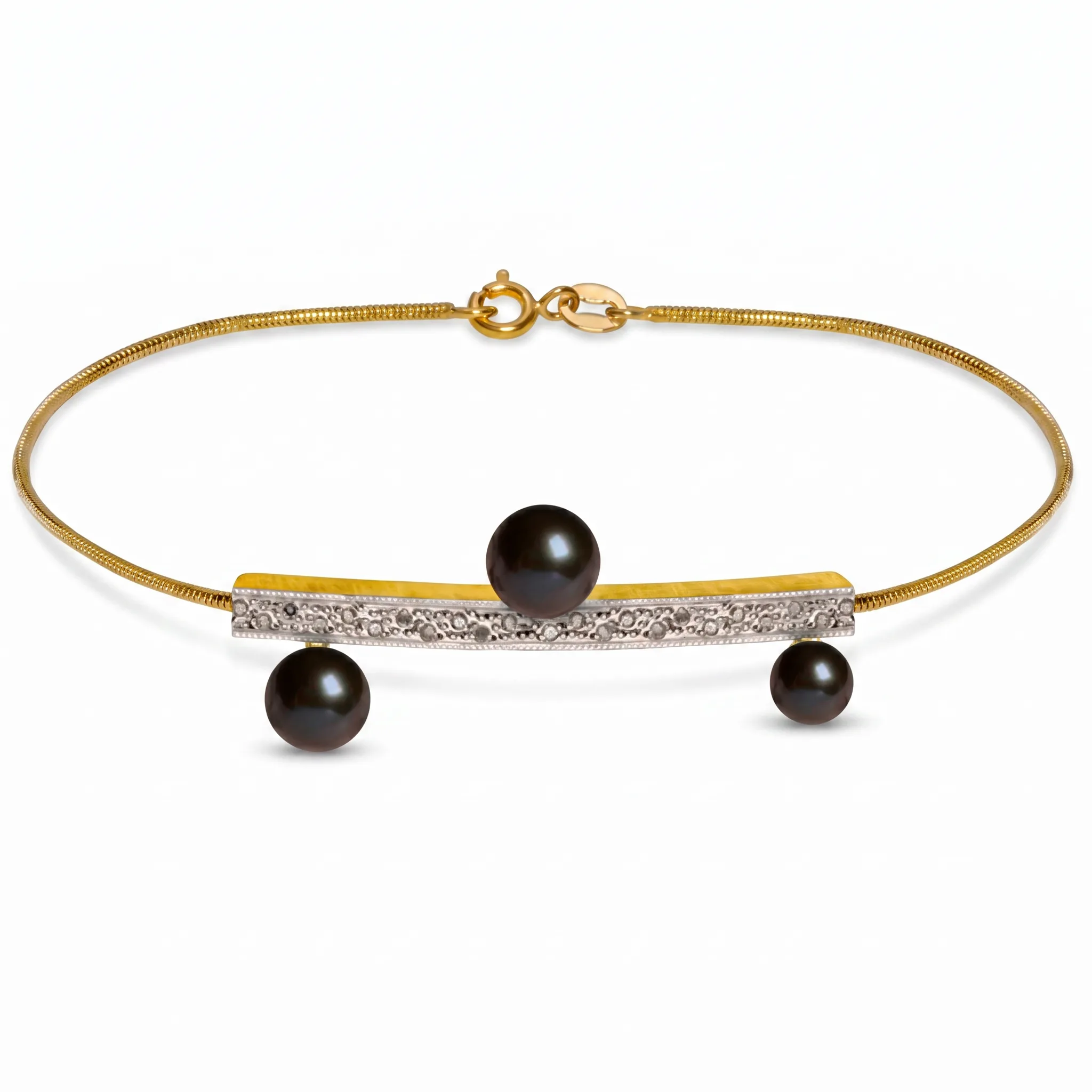 Pulseira Greek Meander Travessão em Ouro Amarelo 18K, com Pérolas Negras e Diamantes