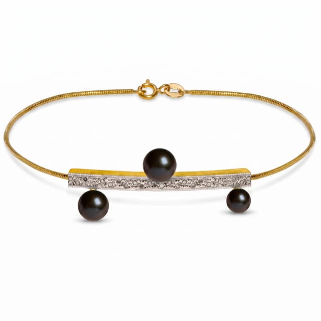 Pulseira Greek Meander Travessão em Ouro Amarelo 18K, com Pérolas Negras e Diamantes