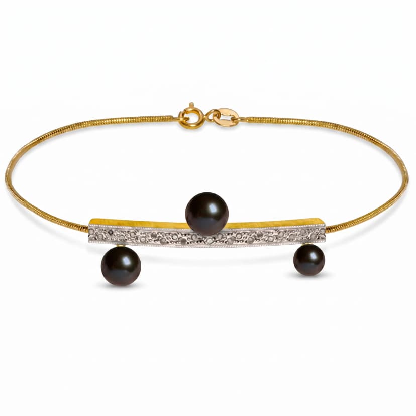 Pulseira Greek Meander Travessão em Ouro Amarelo 18K, com Pérolas Negras e Diamantes