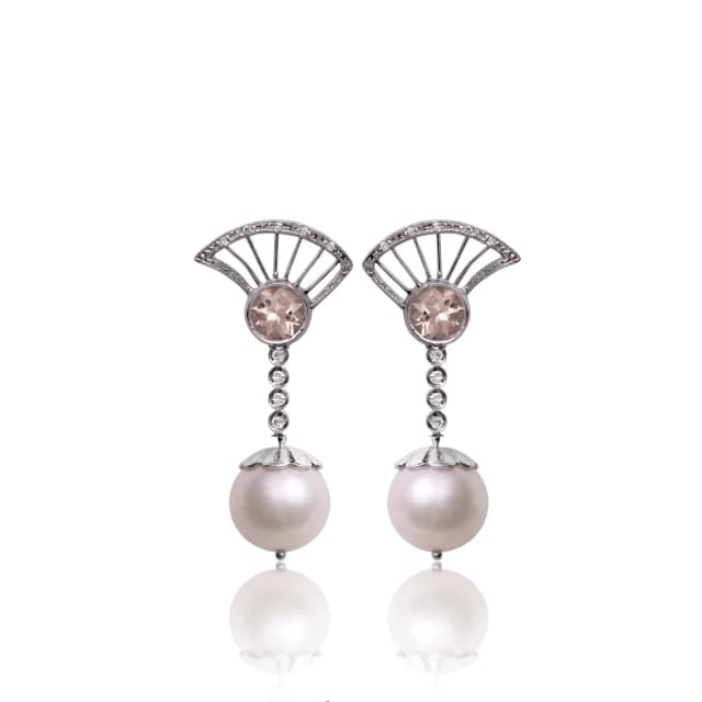 Brinco Tennure Curto Morganita e Pérolas Brancas com Diamantes