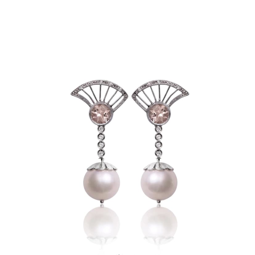 Brinco Tennure Curto Morganita e Pérolas Brancas com Diamantes
